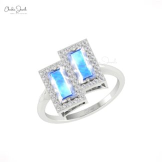 Gemstone Halo Ring In 14k Solid Gold Rainbow Moonstone 8x4mm And Diamond Wedding Ring