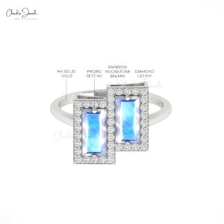 Gemstone Halo Ring In 14k Solid Gold Rainbow Moonstone 8x4mm And Diamond Wedding Ring