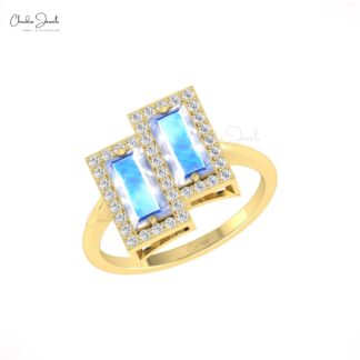 Gemstone Halo Ring In 14k Solid Gold Rainbow Moonstone 8x4mm And Diamond Wedding Ring