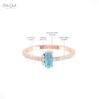 Small Diamond Promise Ring With 6x3mm Aquamarine Prong Set In 14k Real Gold Rings