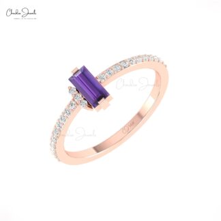 Two Birthstone Ring In 14k Pure Gold Baguette Amethyst And Diamond Anniversary Rings