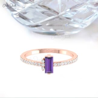 Two Birthstone Ring In 14k Pure Gold Baguette Amethyst And Diamond Anniversary Rings