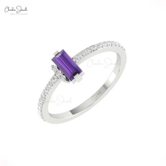 Two Birthstone Ring In 14k Pure Gold Baguette Amethyst And Diamond Anniversary Rings