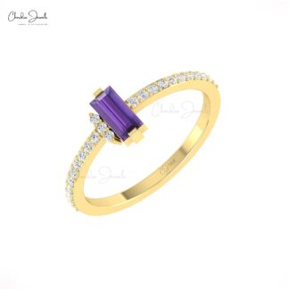Two Birthstone Ring In 14k Pure Gold Baguette Amethyst And Diamond Anniversary Rings