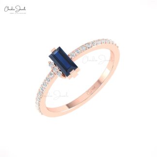 Pure 14k Gold Baguette Ring With 0.47 Ct Blue Sapphire Gemstone Diamond Unique Rings