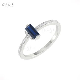 Pure 14k Gold Baguette Ring With 0.47 Ct Blue Sapphire Gemstone Diamond Unique Rings