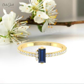 Pure 14k Gold Baguette Ring With 0.47 Ct Blue Sapphire Gemstone Diamond Unique Rings