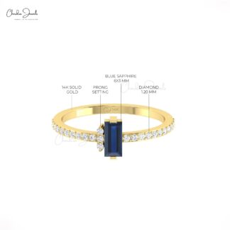 Pure 14k Gold Baguette Ring With 0.47 Ct Blue Sapphire Gemstone Diamond Unique Rings