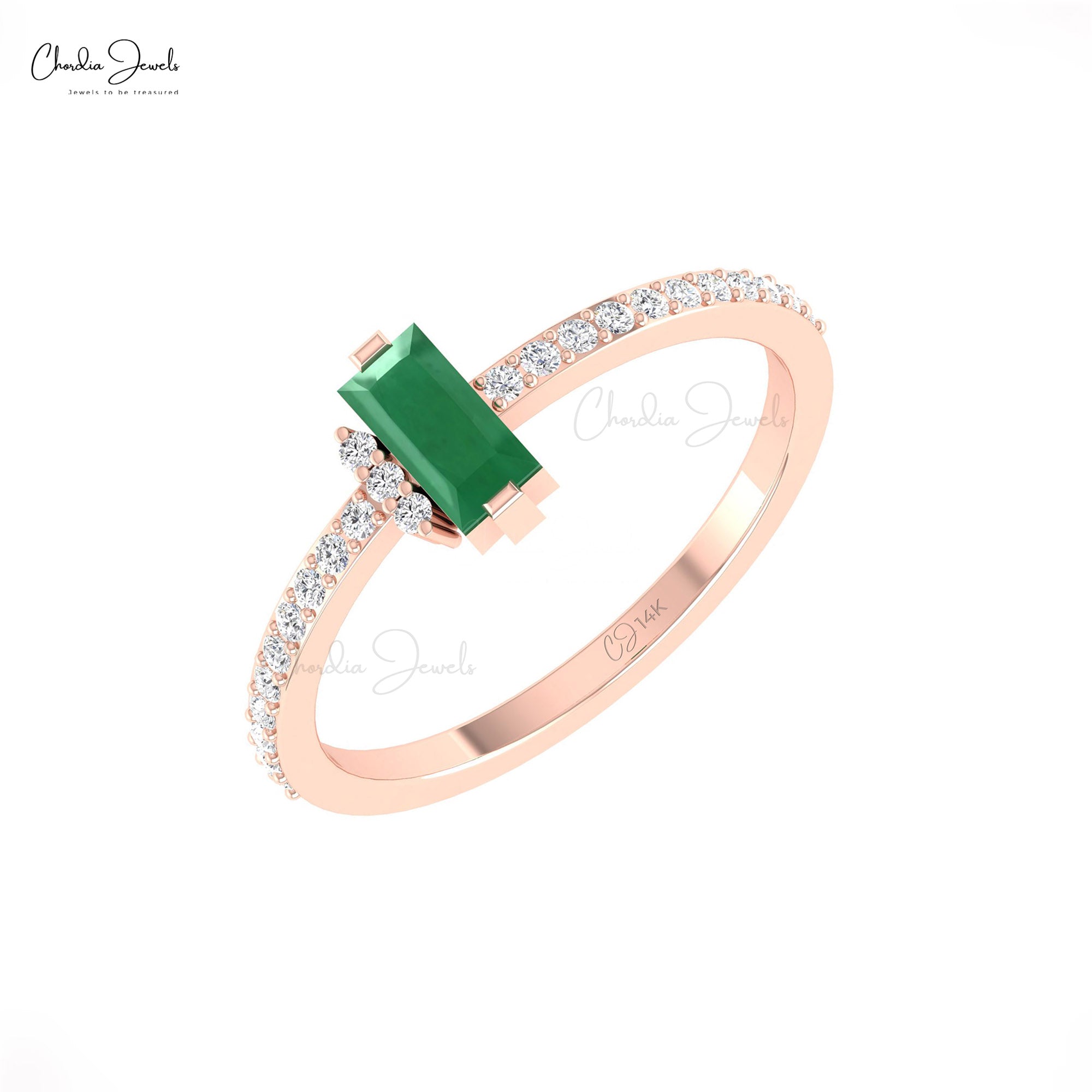 Dainty Baguette Wedding Ring In 14k Real Gold Emerald 0.47 Ct Gemstone And Diamond Rings