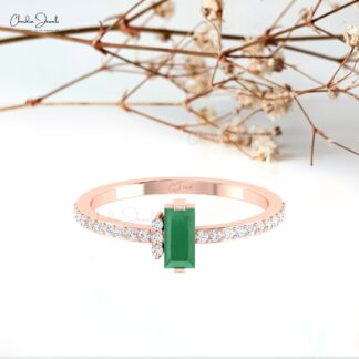 Dainty Baguette Wedding Ring In 14k Real Gold Emerald 0.47 Ct Gemstone And Diamond Rings