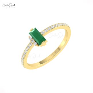 Dainty Baguette Wedding Ring In 14k Real Gold Emerald 0.47 Ct Gemstone And Diamond Rings