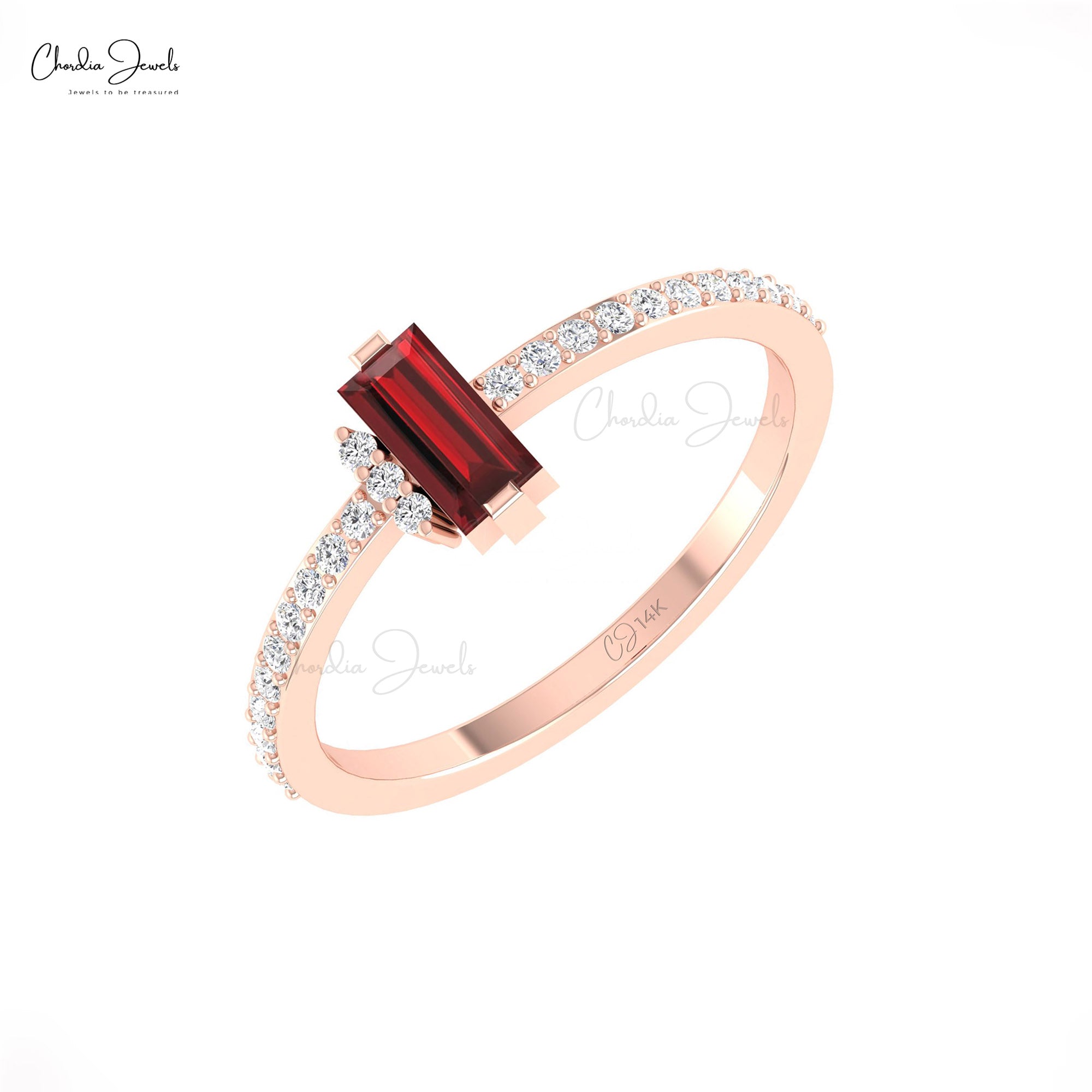 Delicate Baguette Ring With 0.32 Red Garnet G-H Diamond Wedding Ring In 14k Real Gold