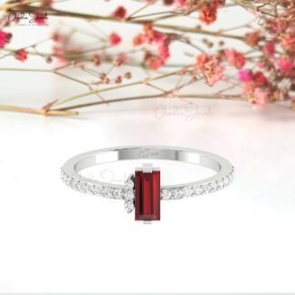 Delicate Baguette Ring With 0.32 Red Garnet G-H Diamond Wedding Ring In 14k Real Gold