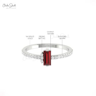 Delicate Baguette Ring With 0.32 Red Garnet G-H Diamond Wedding Ring In 14k Real Gold