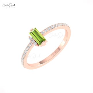 Single Gemstone Peridot Ring With Diamond Pave Set In 14k Solid Gold Dainty Rings For Her
