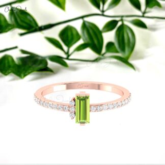 Single Gemstone Peridot Ring With Diamond Pave Set In 14k Solid Gold Dainty Rings For Her