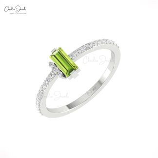 Single Gemstone Peridot Ring With Diamond Pave Set In 14k Solid Gold Dainty Rings For Her