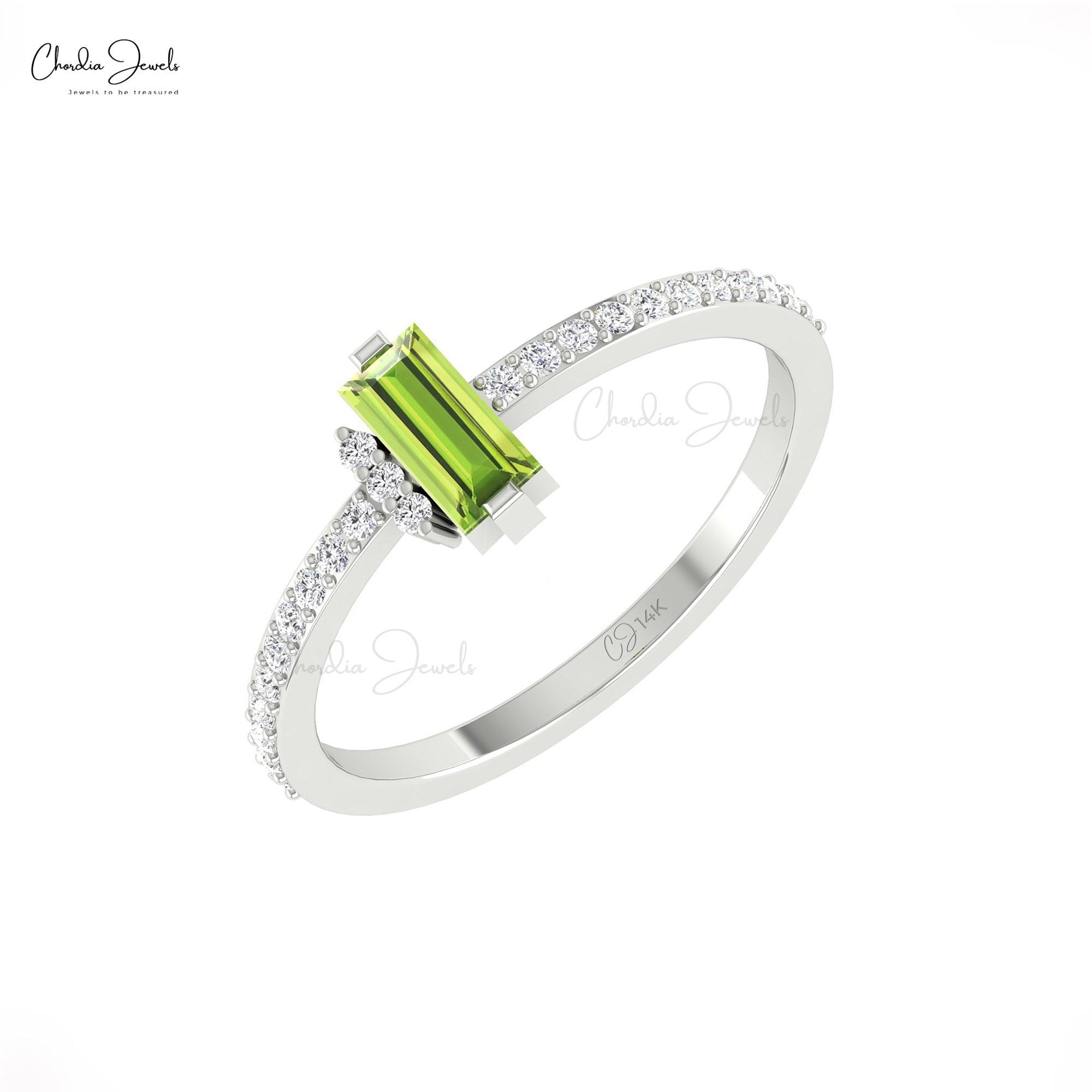 Single Gemstone Peridot Ring With Diamond Pave Set In 14k Solid Gold Dainty Rings For Her