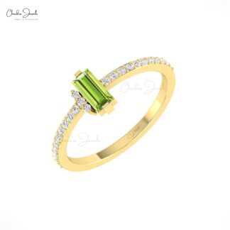 Single Gemstone Peridot Ring With Diamond Pave Set In 14k Solid Gold Dainty Rings For Her