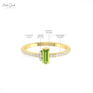 Single Gemstone Peridot Ring With Diamond Pave Set In 14k Solid Gold Dainty Rings For Her