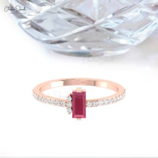 Natural Burma Ruby Dainty Ring With 6x3mm Gemstone And Pave Diamond 14k Real Gold Rings