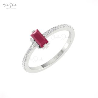 Natural Burma Ruby Dainty Ring With 6x3mm Gemstone And Pave Diamond 14k Real Gold Rings