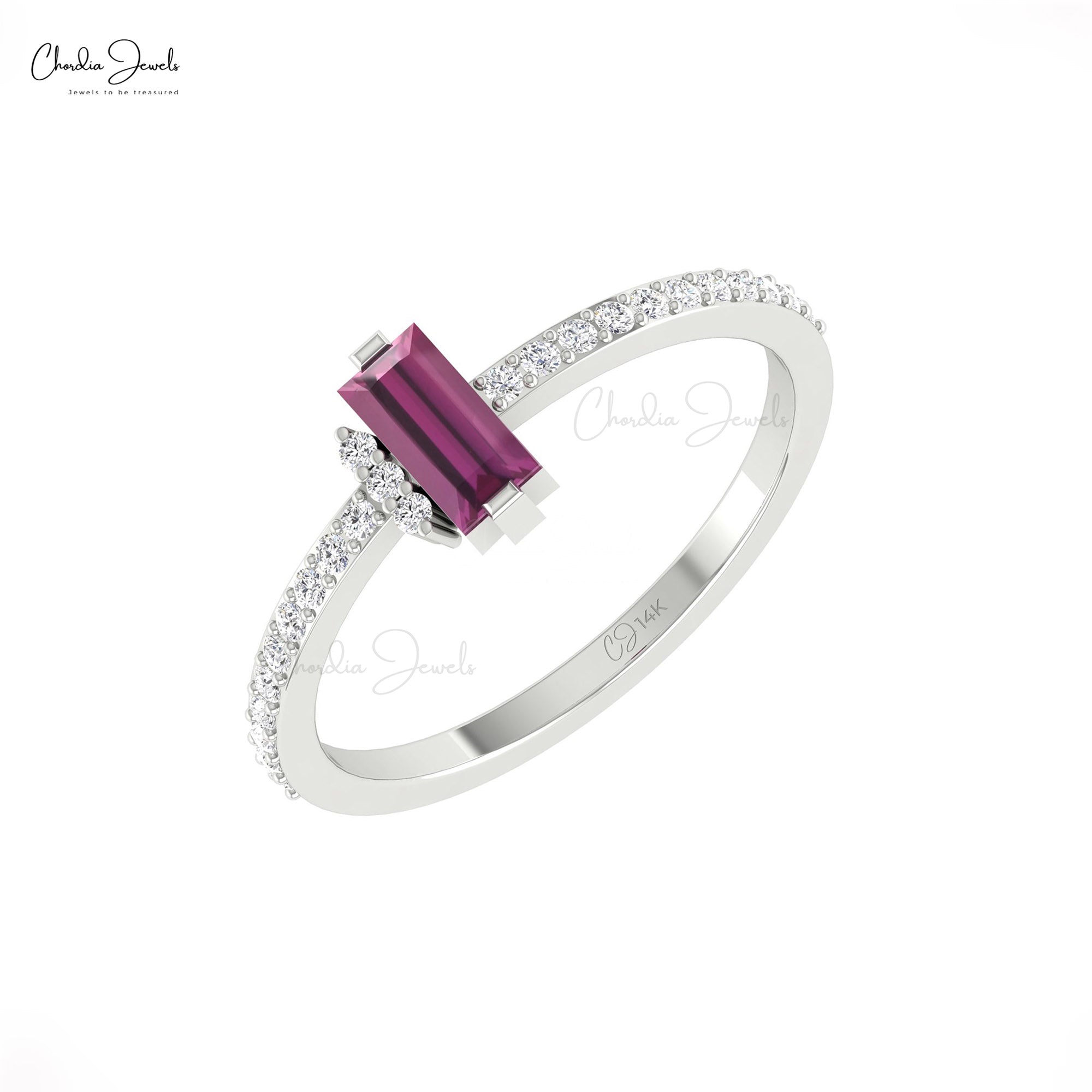 Natural Baguette Rhodolite Garnet Ring In 14k Real Gold Gemstone Diamond Proposal Ring