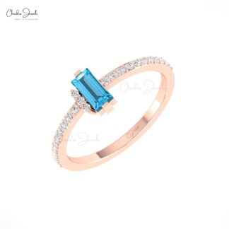 Solid 14k Gold Dainty Women Ring With 6x3mm Swiss Blue Topaz And Diamond Hallmark Rings