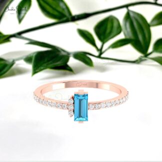 Solid 14k Gold Dainty Women Ring With 6x3mm Swiss Blue Topaz And Diamond Hallmark Rings