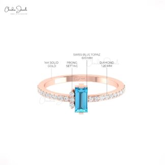 Solid 14k Gold Dainty Women Ring With 6x3mm Swiss Blue Topaz And Diamond Hallmark Rings