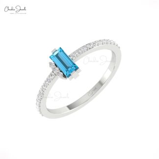 Solid 14k Gold Dainty Women Ring With 6x3mm Swiss Blue Topaz And Diamond Hallmark Rings