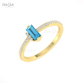 Solid 14k Gold Dainty Women Ring With 6x3mm Swiss Blue Topaz And Diamond Hallmark Rings