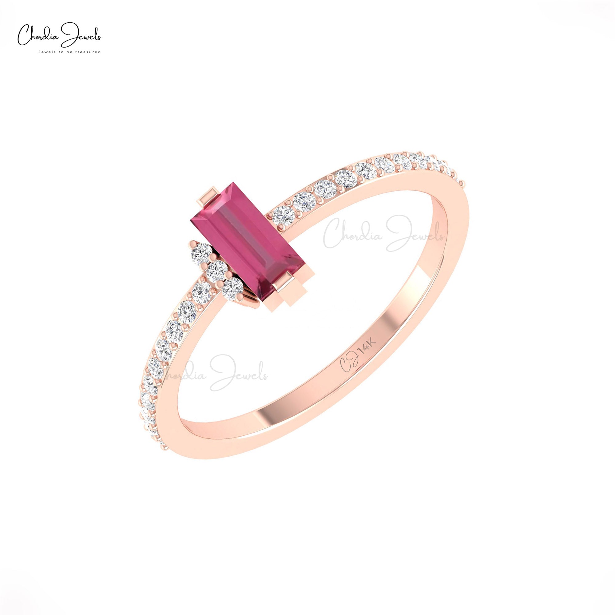Dual Birthstone Dainty Ring In Pure 14k Gold Baguette Pink Tourmaline Diamond Bridal Ring