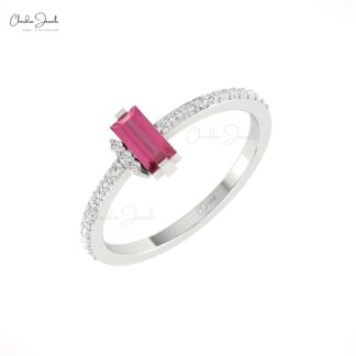 Dual Birthstone Dainty Ring In Pure 14k Gold Baguette Pink Tourmaline Diamond Bridal Ring