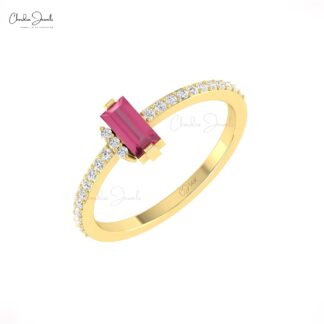 Dual Birthstone Dainty Ring In Pure 14k Gold Baguette Pink Tourmaline Diamond Bridal Ring