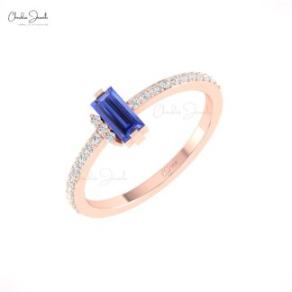 AAA Tanzanite Baguette Ring With Pave Diamond Unique Engagement Rings In 14k Gold