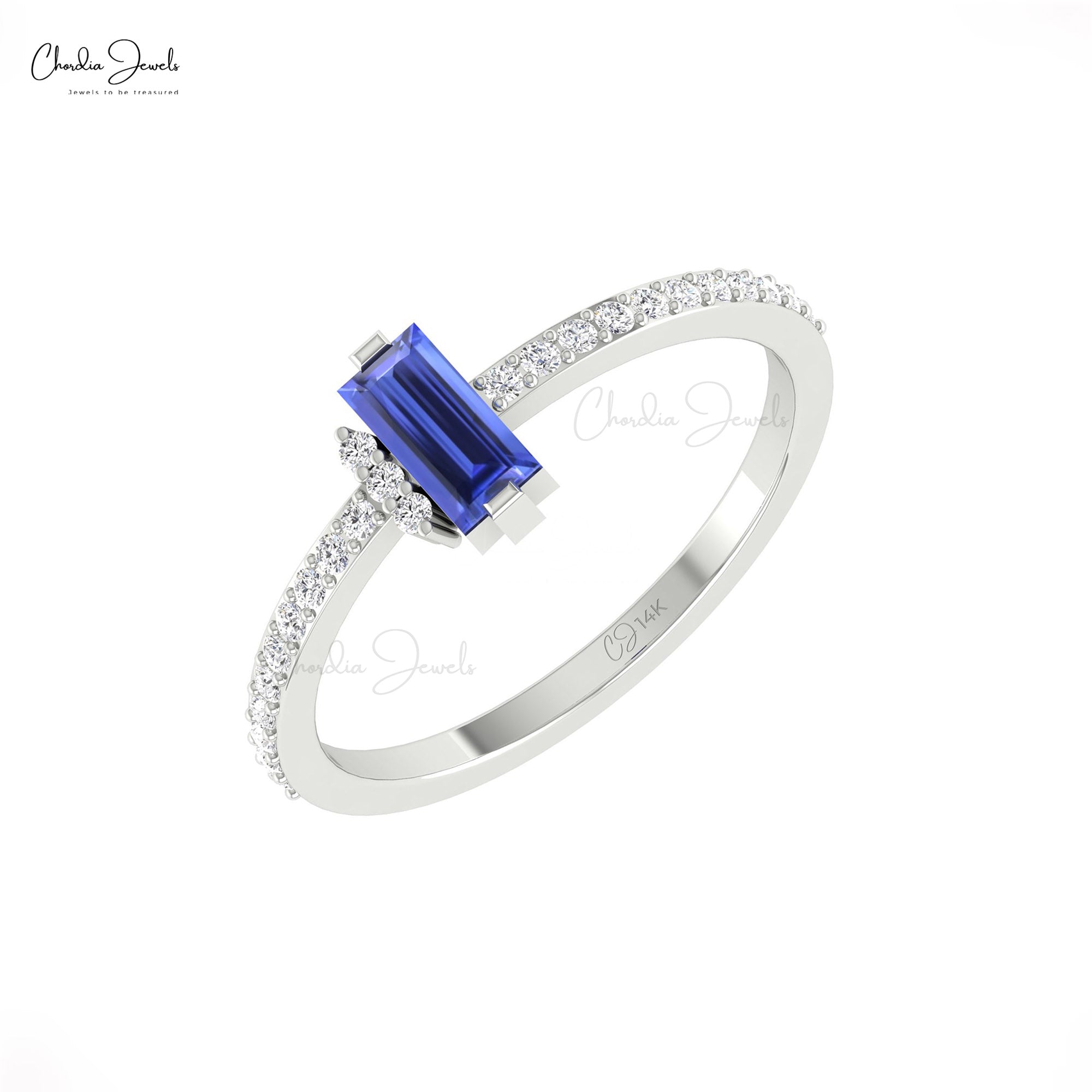 AAA Tanzanite Baguette Ring With Pave Diamond Unique Engagement Rings In 14k Gold