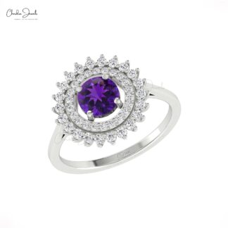Double Halo Diamond Ring With 6mm Prong Set Amethyst Engagement Ring In 14k Real Gold