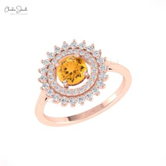 Cluster Diamond Halo Ring In Real 14k Gold Citrine 0.7 Ct Gemstone Rings For Women