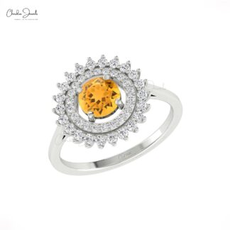 Cluster Diamond Halo Ring In Real 14k Gold Citrine 0.7 Ct Gemstone Rings For Women