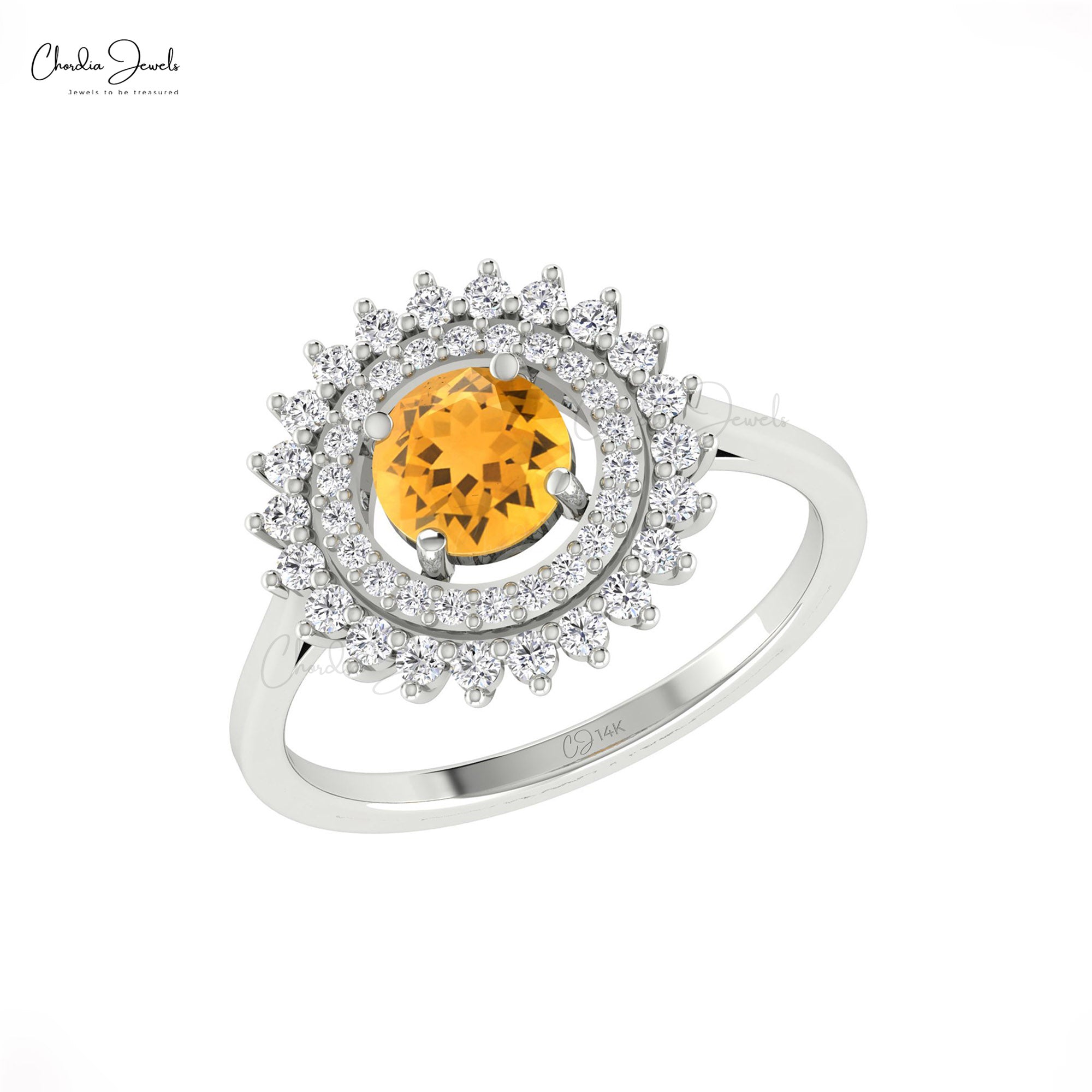 Cluster Diamond Halo Ring In Real 14k Gold Citrine 0.7 Ct Gemstone Rings For Women