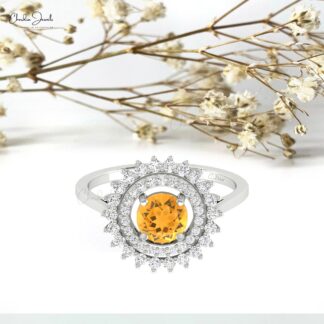 Cluster Diamond Halo Ring In Real 14k Gold Citrine 0.7 Ct Gemstone Rings For Women