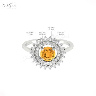 Cluster Diamond Halo Ring In Real 14k Gold Citrine 0.7 Ct Gemstone Rings For Women