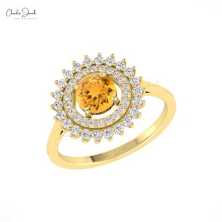 Cluster Diamond Halo Ring In Real 14k Gold Citrine 0.7 Ct Gemstone Rings For Women