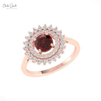 Cocktail Wedding Ring In Solid 14k Gold Red Garnet 0.7 Ct Round Cut And Diamond Halo Rings