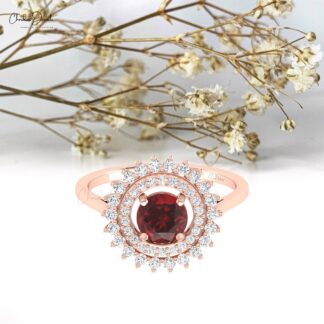 Cocktail Wedding Ring In Solid 14k Gold Red Garnet 0.7 Ct Round Cut And Diamond Halo Rings