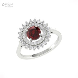 Cocktail Wedding Ring In Solid 14k Gold Red Garnet 0.7 Ct Round Cut And Diamond Halo Rings