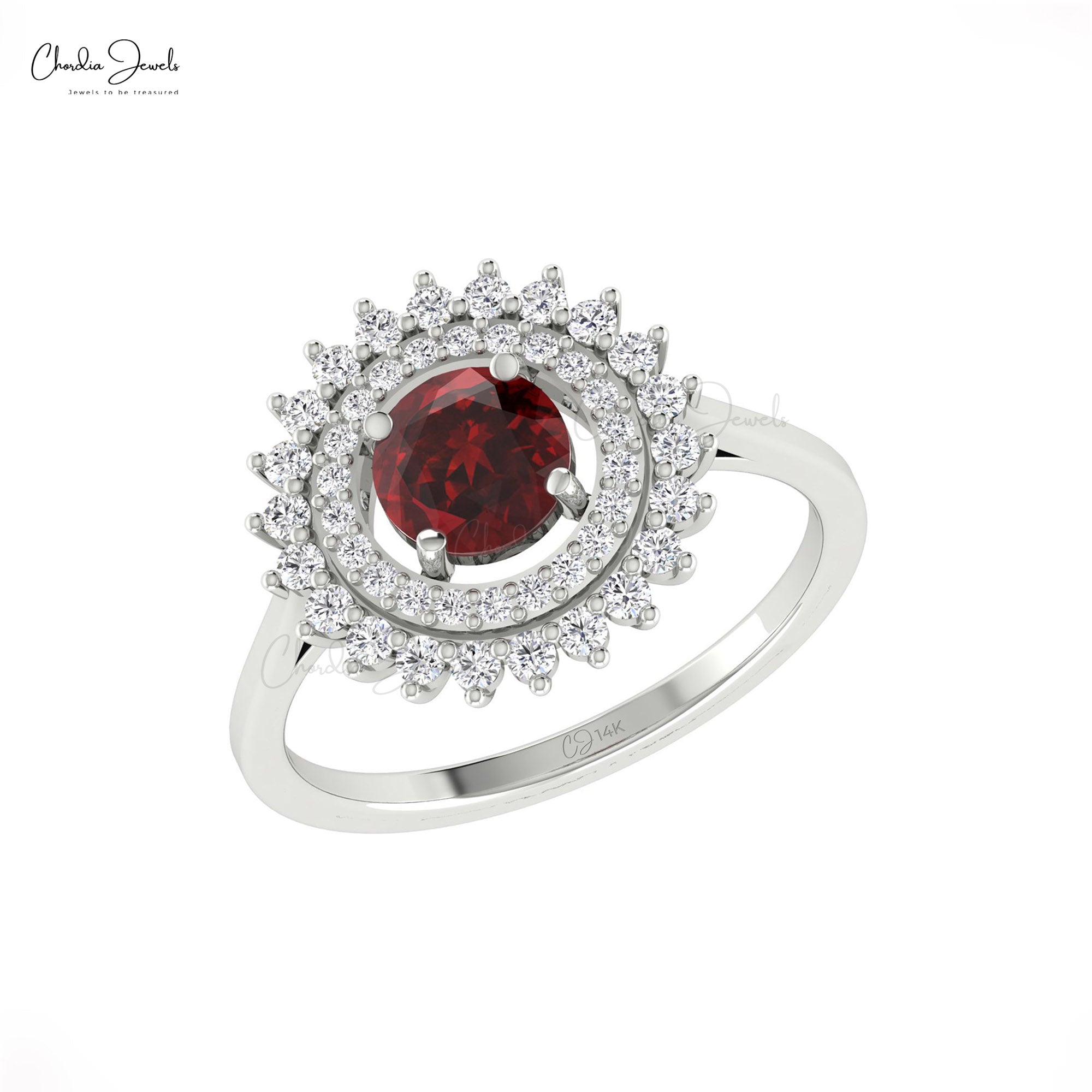 Cocktail Wedding Ring In Solid 14k Gold Red Garnet 0.7 Ct Round Cut And Diamond Halo Rings