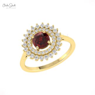 Cocktail Wedding Ring In Solid 14k Gold Red Garnet 0.7 Ct Round Cut And Diamond Halo Rings