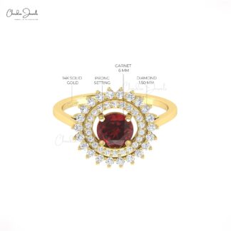 Cocktail Wedding Ring In Solid 14k Gold Red Garnet 0.7 Ct Round Cut And Diamond Halo Rings